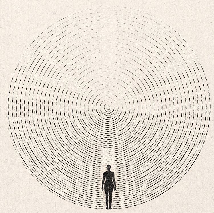 A lone figure inside concentric dotted circles
