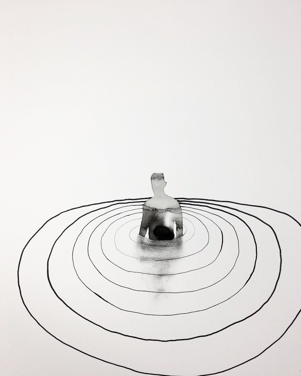 An ink figure standing in widening ripples